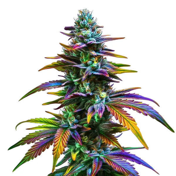 Bunte Cannabispflanze der Sorte Jealousy F1 mit intensiven Farben und dichten Blüten, ideal für Liebhaber hochwertiger Genetik.