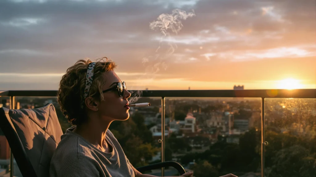 Frau raucht einen Joint bei Sonnenuntergang auf dem Balkon.