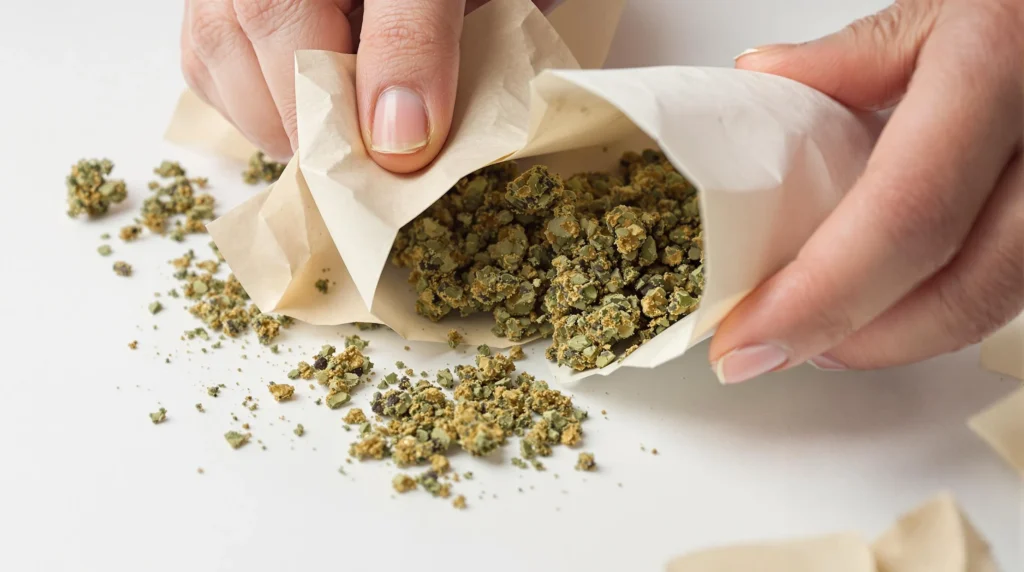 Person rollt einen Joint mit kurzen Papers und Cannabisblüten.