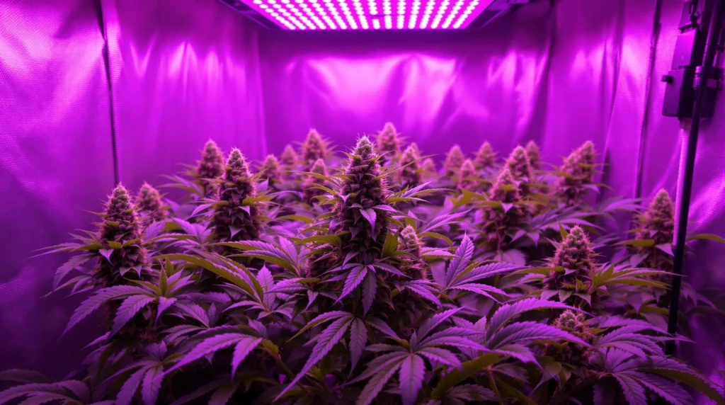 Cannabis-Pflanzen in der Blütephase unter LED Grow Lampen