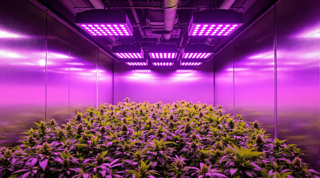 Cannabis Pflanzen unter LED Grow Lampe mit pinkem Licht