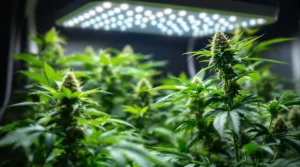 Cannabis Pflanze wächst unter einer weißen LED Grow Lampe