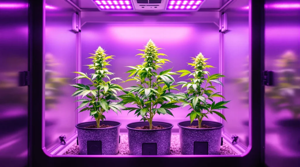 Drei Cannabispflanzen in einer LED-beleuchteten Growbox