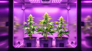 Drei Cannabispflanzen in einer LED-beleuchteten Growbox