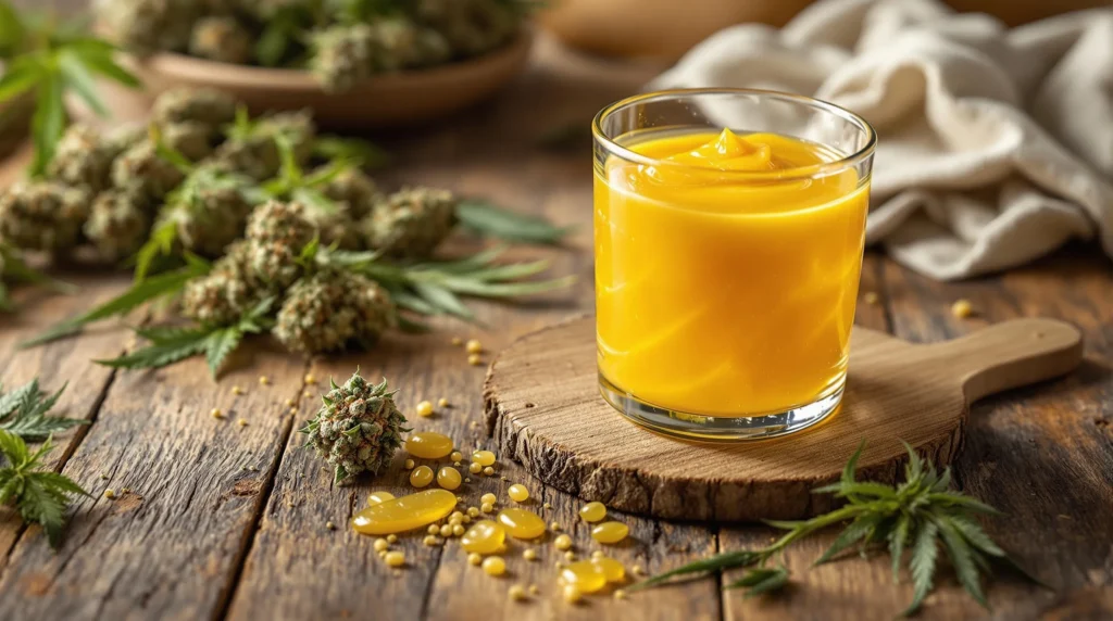 Frischer Mango-Smoothie mit Cannabisbutter, umgeben von Cannabisblüten und Öltröpfchen.