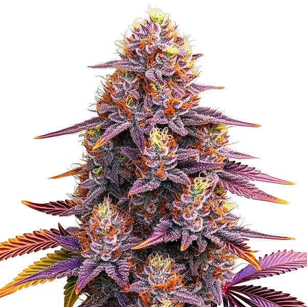 Dicht bewachsene Mimosa F1 Cannabispflanze mit violetten Blüten und orangefarbenen Härchen – ideal für hochwertige Ernten.