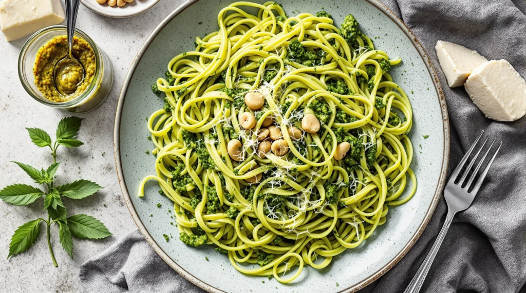 Genießen Sie eine köstliche Pesto-Pasta mit Cannabisbutter für ein entspanntes, aromatisches Erlebnis in Ihrer Küche.