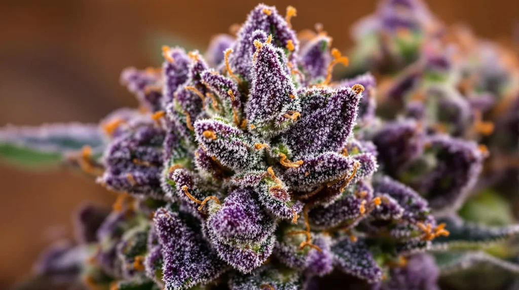 Detailaufnahme der trichomenen Blüten der Sorte Critical Daddy Purple in kräftigem Purpur.