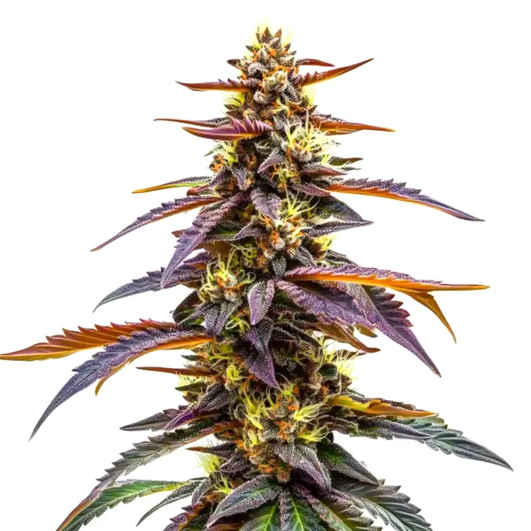 RudeBoi OG F1 Cannabispflanze mit dunkellila Blättern, orangen Härchen und harzreichen Buds, kraftvolle Sorte mit intensivem Aussehen.