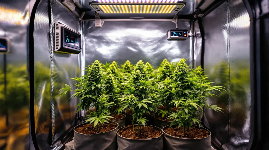 Cannabis-Pflanzen der Sorte 24k Gold in einem Indoor-Grow-Zelt.