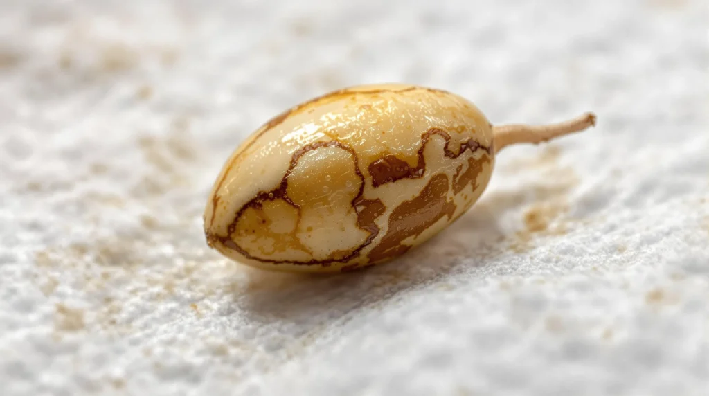 Close-up of a germinating Sorte Banana Sherbet seed showing early growth stages.