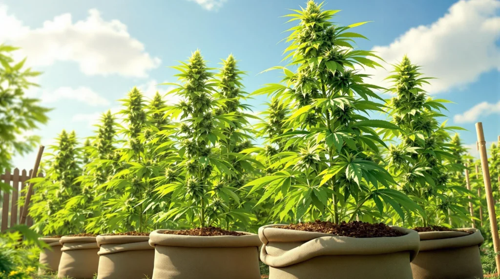 Sorte Banana Sherbet cannabis plants growing in outdoor pots under a sunny sky.