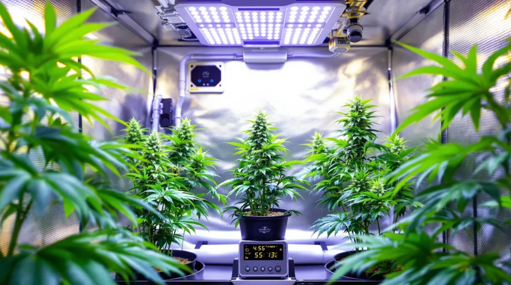 Sorte Banana Sherbet cannabis plants thriving under LED grow lights in a grow tent.