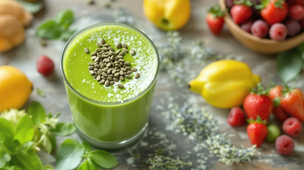 Ein grüner Smoothie mit Samen, der die vitalisierende Wirkung von THCA Blüten symbolisiert.