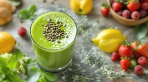 Ein grüner Smoothie mit Samen, der die vitalisierende Wirkung von THCA Blüten symbolisiert.