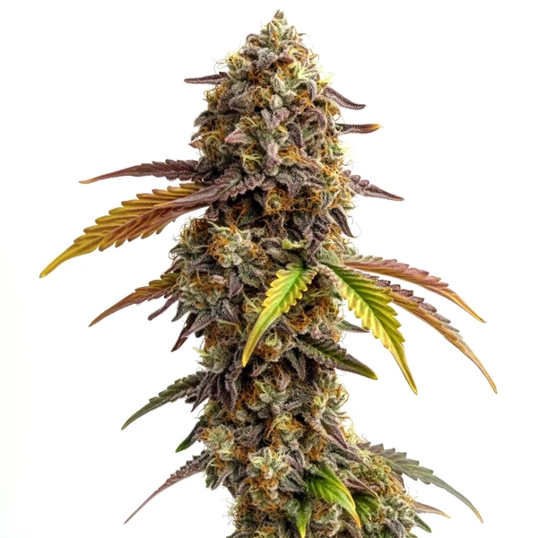 Tangie Purple Punch Cannabispflanze mit lila-orangefarbenen Buds und intensiv fruchtigem Zitrusprofil.