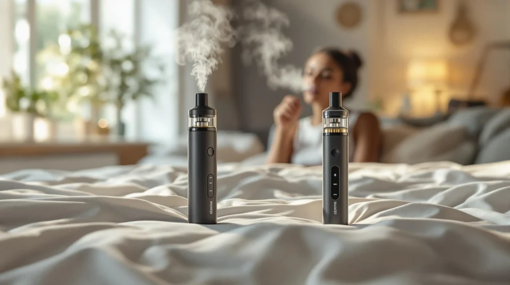 Zwei Vape-Stifte auf einem Bett, Dampf wird erzeugt und ein Rauchmelder könnte auslösen.