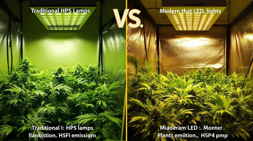 Links eine traditionelle HPS-Lampe, rechts eine moderne LED-Beleuchtung für den Cannabis-Anbau. Der Vergleich zeigt die Unterschiede in der Lichtverteilung und den Wachstumsbedingungen.