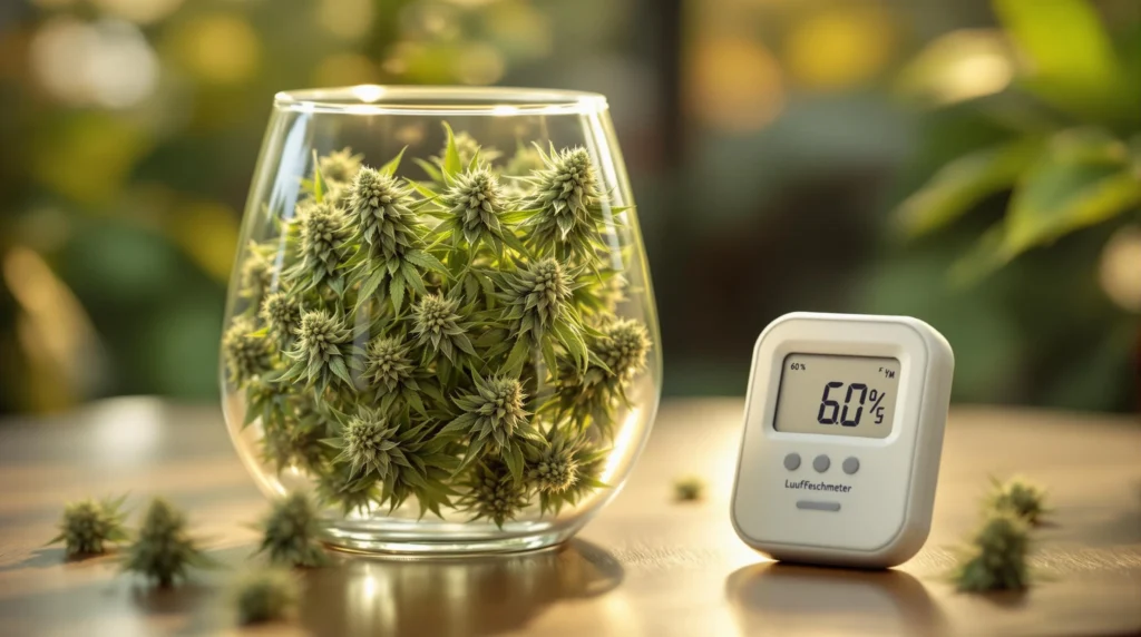 Cannabis in einem Glas mit Feuchtigkeitsmessgerät zur Überwachung der Fermentation.