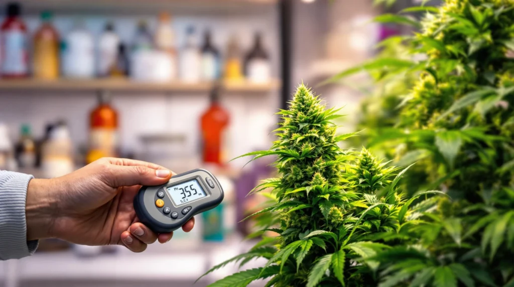 Messung des pH-Werts einer Do Si Dos F1 Cannabis-Pflanze mit einem digitalen pH-Meter in einem kontrollierten Umfeld.