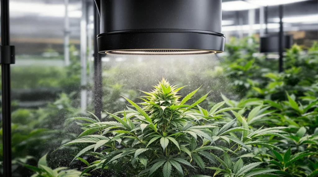 Aktivkohlefilter im Einsatz zur Luftreinigung in einem Cannabisanbau.