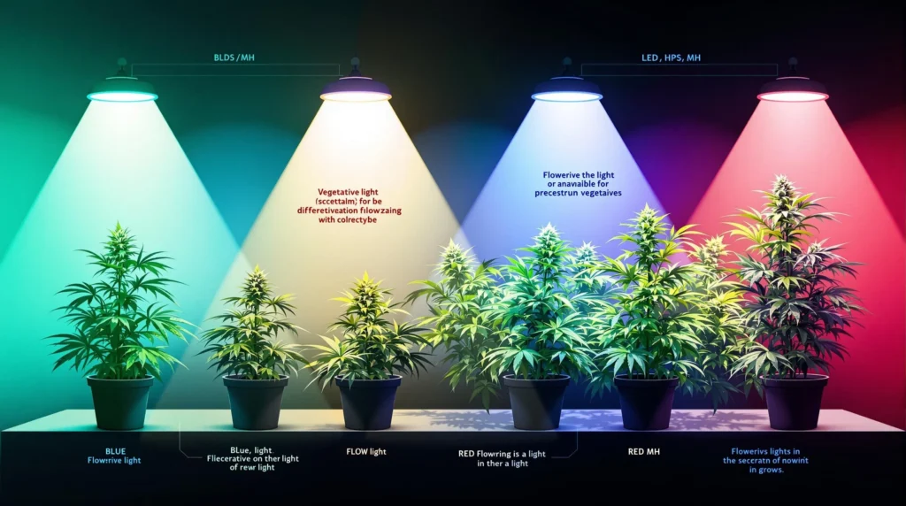 Aufzuchtlampe zeigt verschiedene Lichtarten für Cannabiswachstum, einschließlich blauem, roten und weißen Licht.