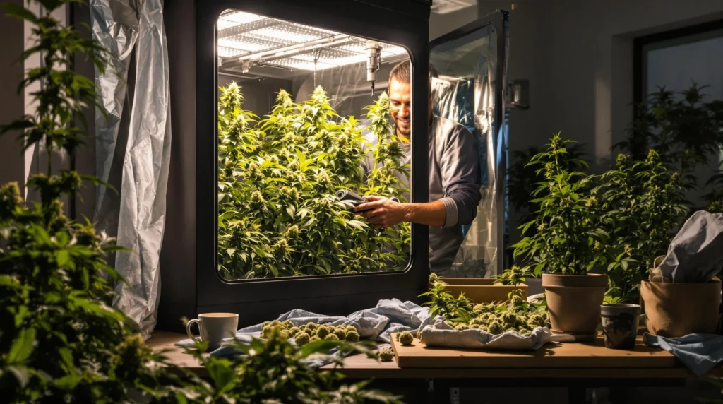 Auto Growbox mit Cannabis Pflanzen in einem Innenraum.