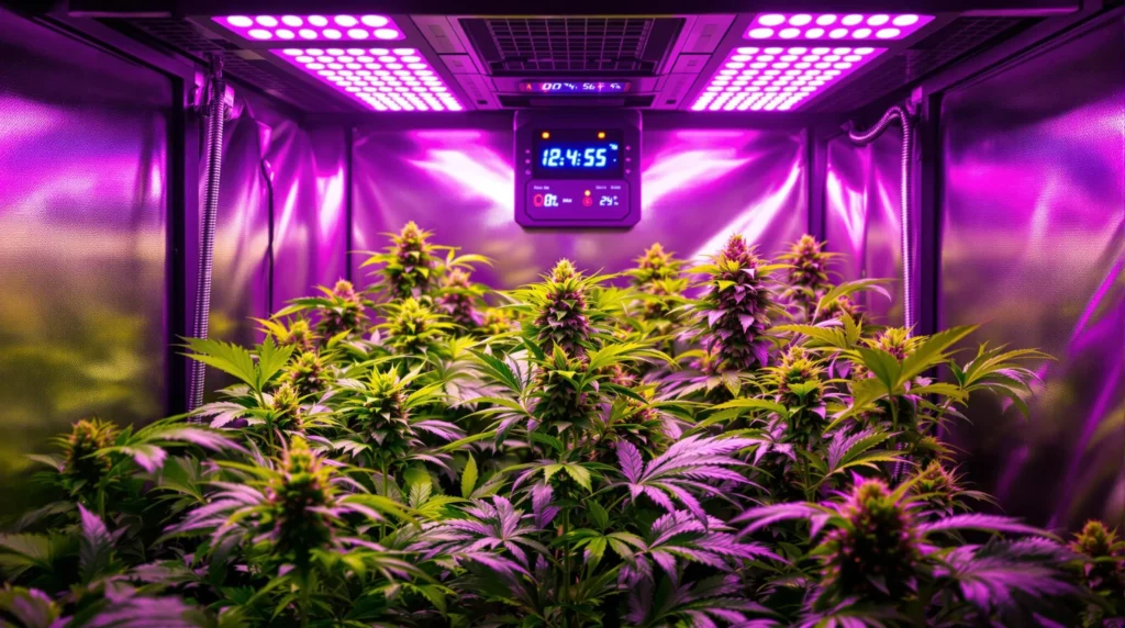 Cannabis-Pflanzen in einer Auto Growbox mit LED-Beleuchtung.