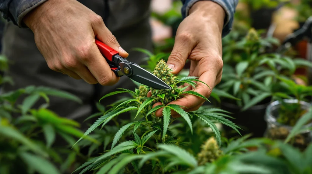 Ein Grower schneidet mit einer Schere eine Cannabisblüte der Biscotti Sorte