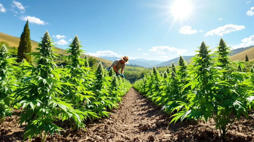 Blue Widow Cannabissorte wächst in einem sonnigen Outdoor-Garten.