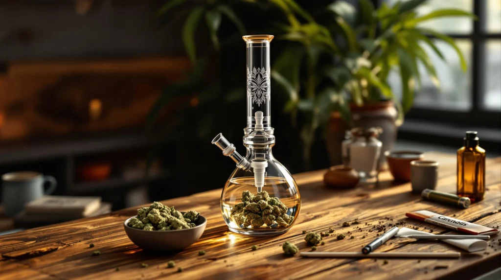 Ein Glas-Bubbler in Benutzung mit Cannabisblüten auf einem Holztisch