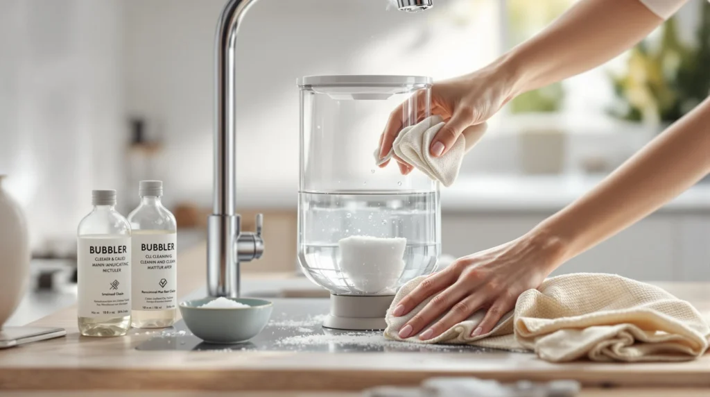 Eine Person reinigt ein Glas-Bubbler-Gerät mit einem Tuch in der Küche.