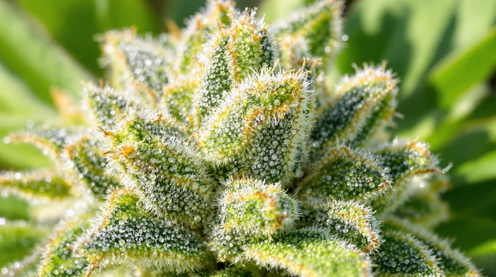 Nahaufnahme der CR+ Sorte Cannabisblüte mit glitzernden Trichomen.