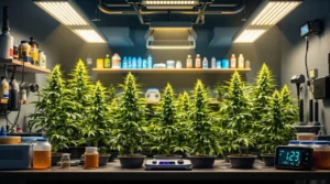 Cannabis Pflanzen in einem modernen Grow Room, optimal mit Blütedünger versorgt.