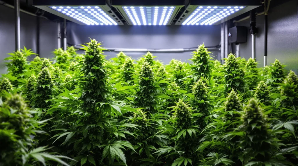 Cannabis Pflanzen wachsen unter LED Beleuchtung in einem Indoor Grow Zelt.