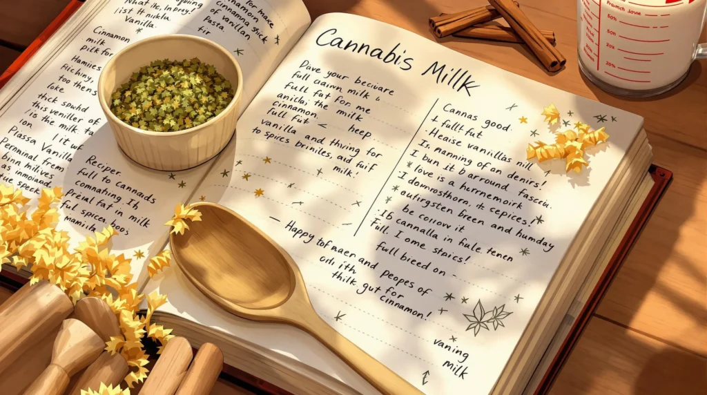 Ein Rezept für Cannabis-Milch mit gemahlenem Cannabis und Gewürzen in einer Schüssel.