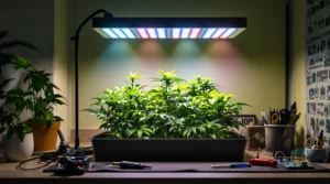 Cannabis Pflanzen in einem Indoor Garten unter einer Grow LED Lampe mit mehreren Lichtfarben.