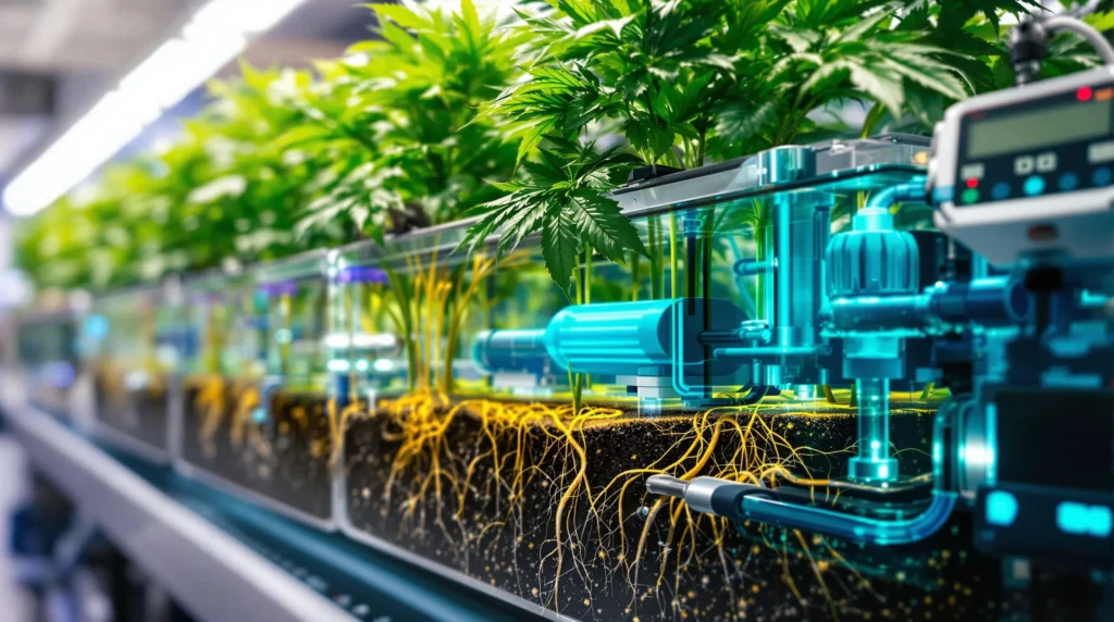 Cannabis-Wurzeln werden mit einem automatisierten Bewässerungssystem gleichmäßig versorgt