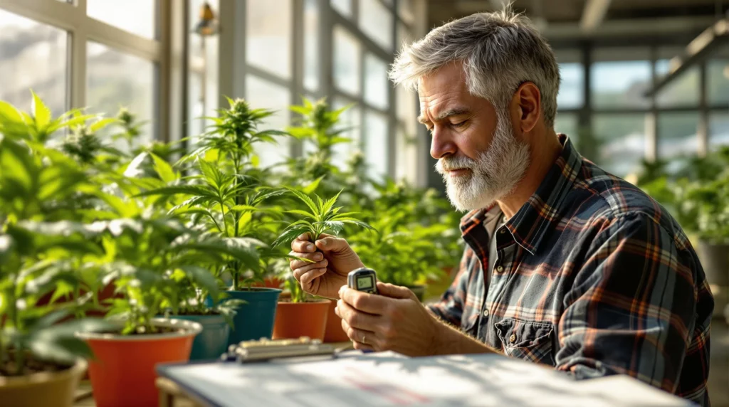 Ein Mann prüft seine Cannabis-Pflanzen im Gewächshaus und gießt sie von unten.