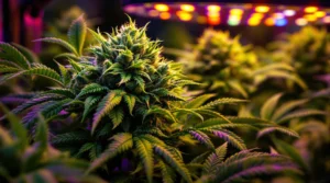 Cannabisblüten wachsen unter der Wirkung einer farblich angepassten LED-Aufzuchtlampe.