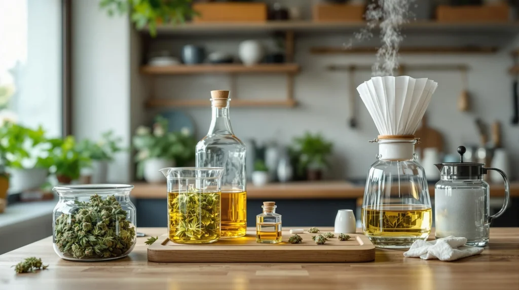 Cannabisblüten und Ölextrakte auf einem Tisch in einem natürlichen Umfeld.