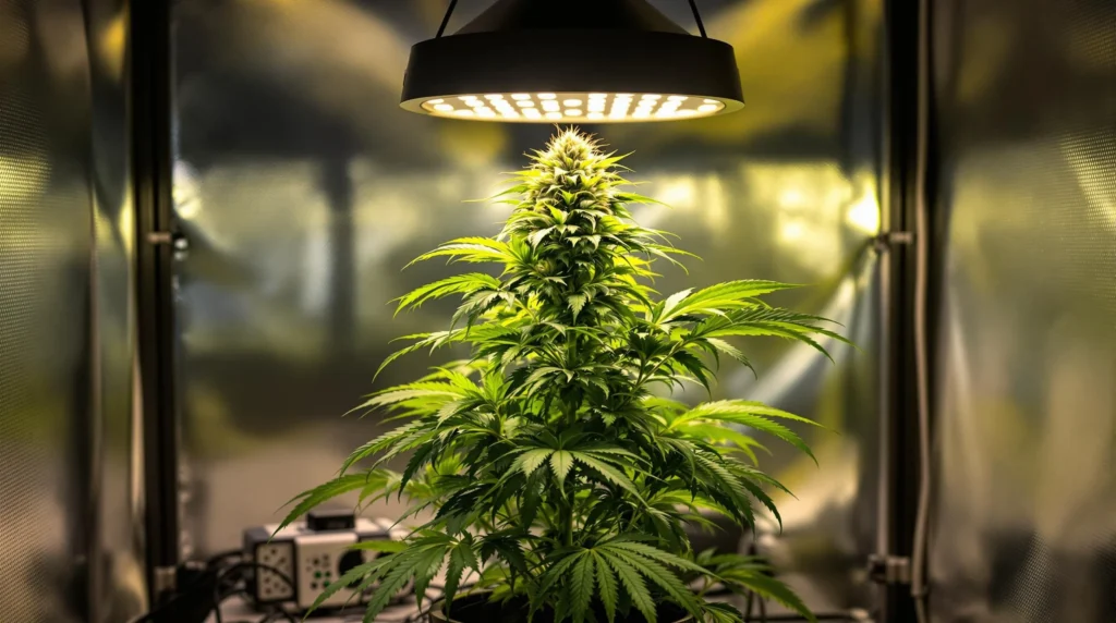 Cannabispflanze wächst unter LED-Lichtern und zeigt gesunde Blätter.