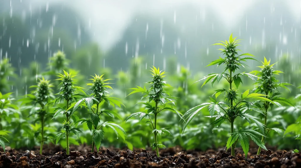 Cannabispflanzen wachsen bei Regen, die Erde ist nass und gesund.