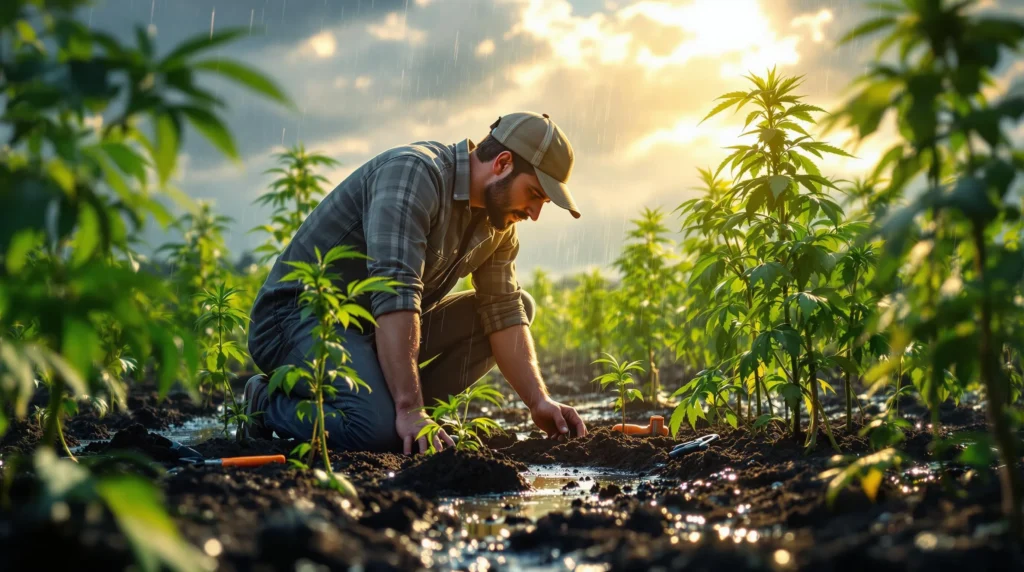 Ein Gärtner kümmert sich um Cannabispflanzen im Regen, schützt sie vor Überwässerung.