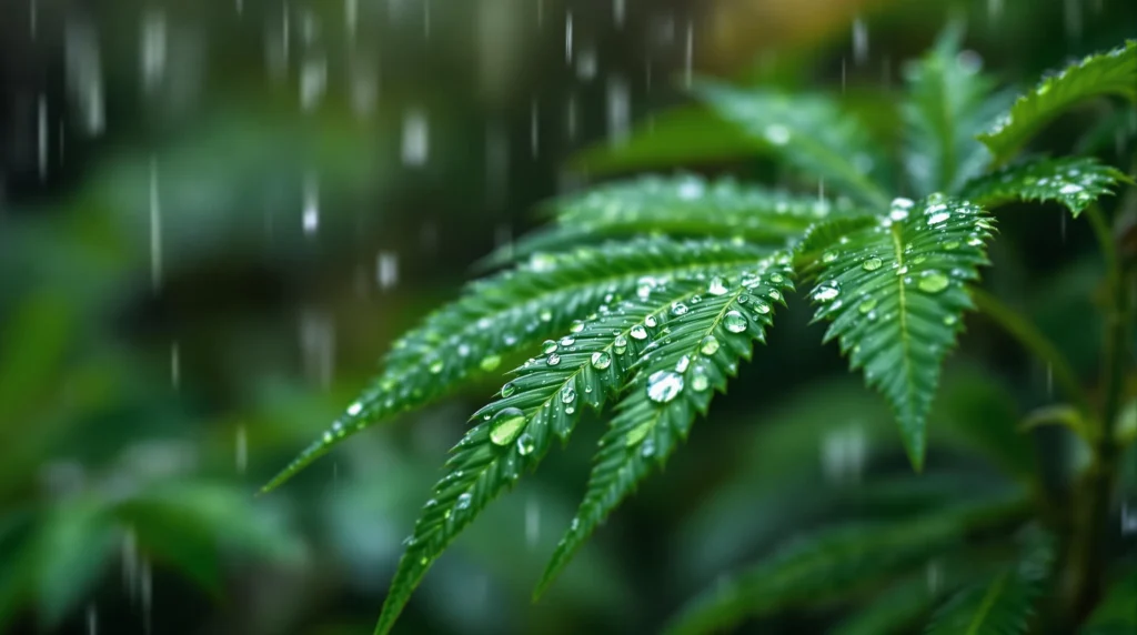 Regen tropft von den Blättern der Cannabispflanzen, was auf eine nasse Wachstumsumgebung hinweist.