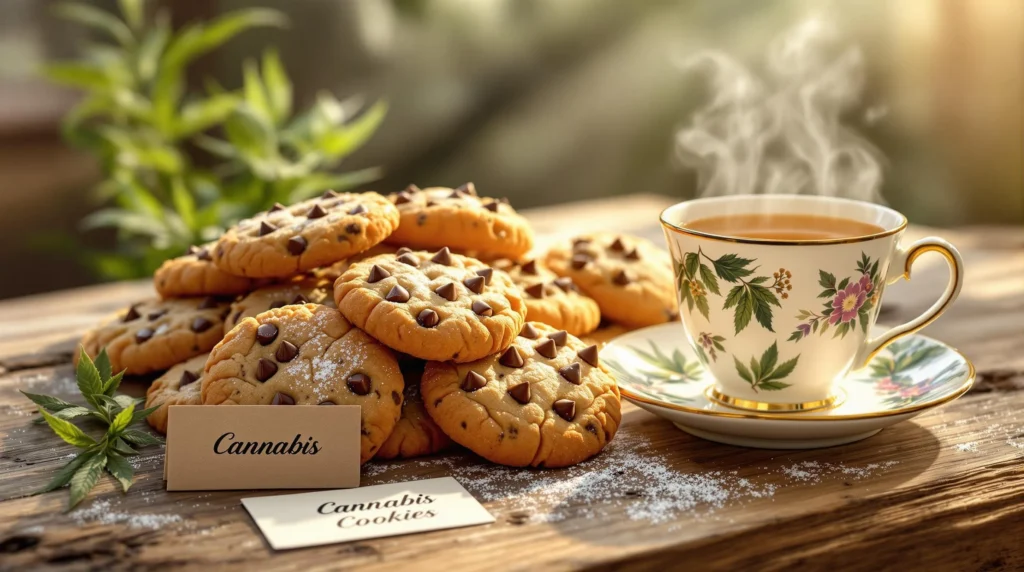 Cannabisplätzchen mit Schokoladenstückchen und Tee in einer Tasse.