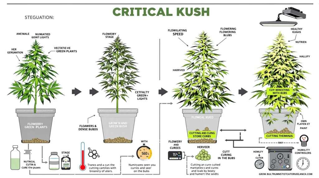 Detailliertes Diagramm, das die verschiedenen Wachstumsphasen der Critical Kush zeigt, von der Keimung bis zur Ernte, mit Fokus auf Wachstum und Beleuchtung.