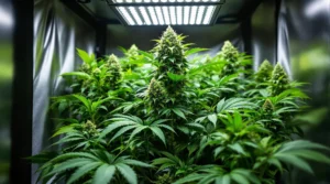 Critical Reguläre Sorte in einem Growzelt mit LED-Beleuchtung und kräftigen Buds.