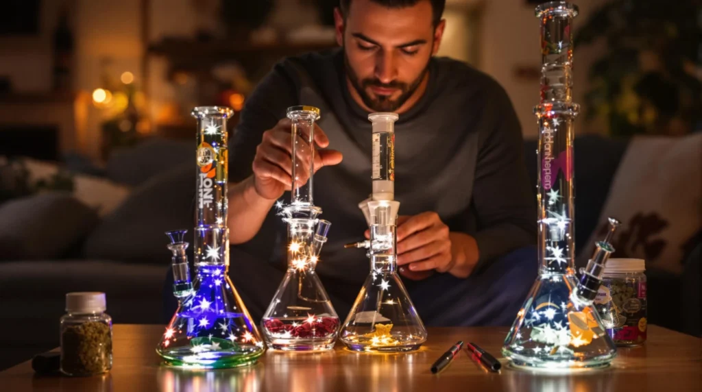 Benutzer bereitet Dab Bong mit leuchtenden Glasbongs vor.