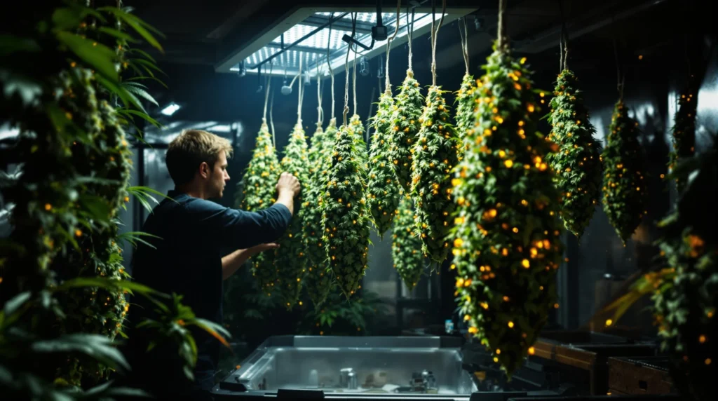 Ernte von DoSiDos Auto F1 Pflanzen in einem Indoor-Growraum.